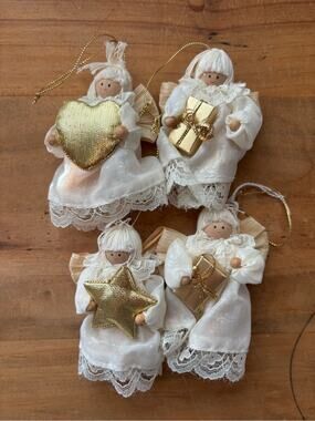 Vintage Handmade Corn Husk White Gold Angel Ornaments Set of 4 County Christmas